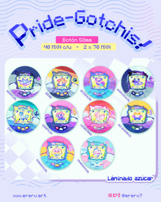 Originales - Pridegotchis. Propuesta discreta, diferente y con significado en cada mascota ligada a la historia Queer.